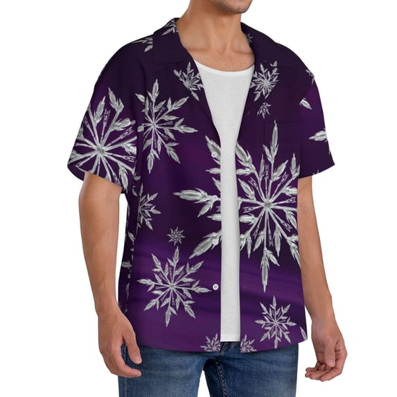 Lsque Snowflake Gradient Purple print Men's Cuban Collar Short Sleeve Shirt Summer Beachwear Casual Button Down Fashionable Vacation Leisure Shirt-Large