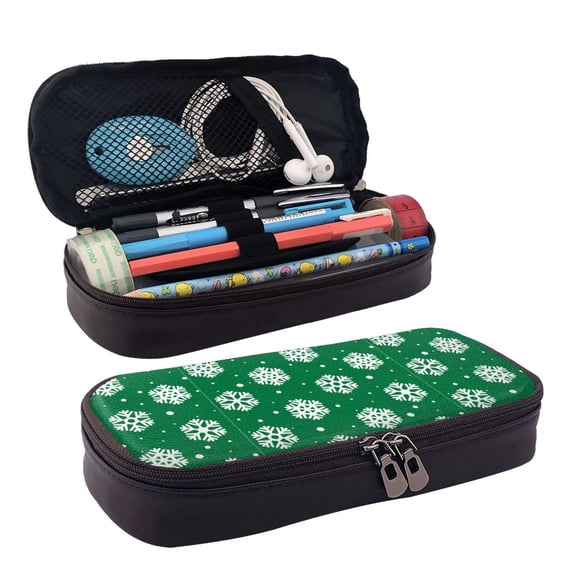 Lsque Snowflake Printed Big Capacity PU Leather Pencil Case Large Pencil Pouch Stationery Pen Bag Pencil Holder for Teen