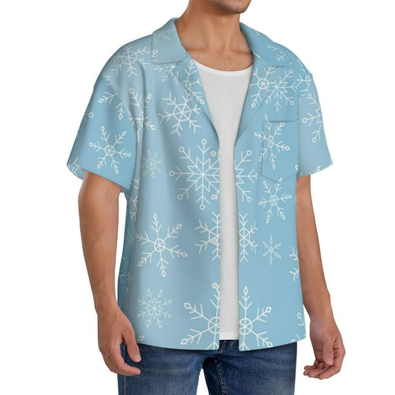 Lsque Snowflake Snowing print Men's Cuban Collar Short Sleeve Shirt Summer Beachwear Casual Button Down Fashionable Vacation Leisure Shirt-Medium