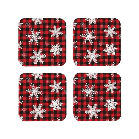Lsque Snowflakes On A Buffalo Plaid Pattern 4" Drink Coasters Set of 4, PVC Leather Absorbent Coasters, Table Coaster Set Decorative Coffee Cup Coasters Housewarming Gift -Square