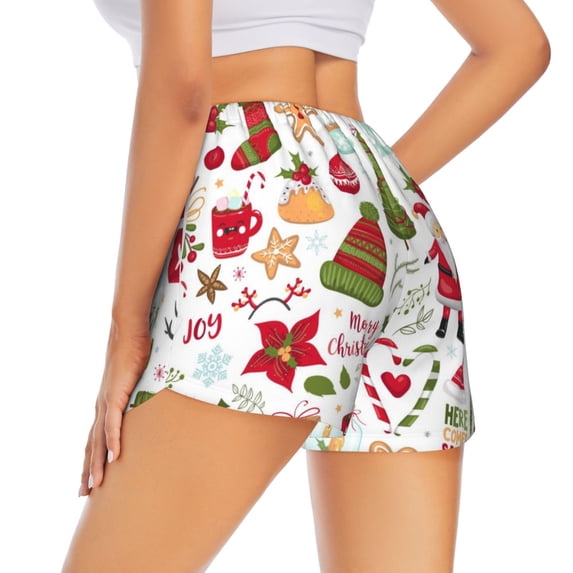 Lsque Snowflakes Santa Claus Printed Women's Running Shorts with Liner Pockets,Elastic Quick Dry Workout Athletic Gym Yoga Shorts,Womens High Waist Shorts-Large