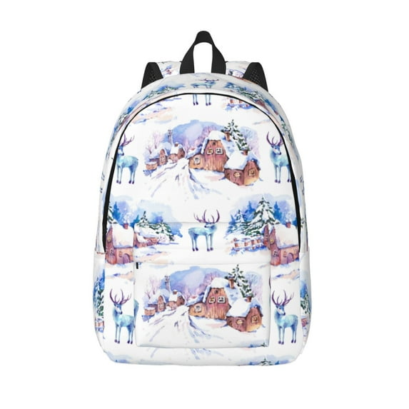 Lsque Snowy Cottage Holiday Scene Pattern Canvas Daypack, Durable Backpack, High-quality Versatile Backpack,Vintage Compact Backpack-Medium