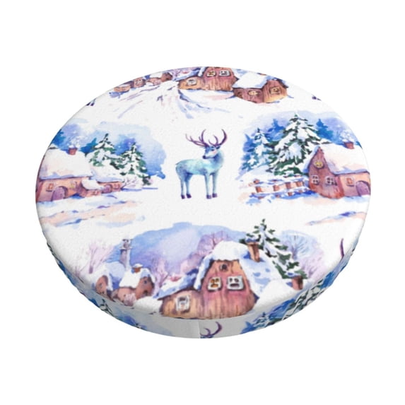 Lsque Snowy Cottage Holiday Scene Pattern Round Bar chair cushion covers Velvet Fabric Premium Comfort Protects from Scratches and Stains for 14-17 Inch Chair-13 inch