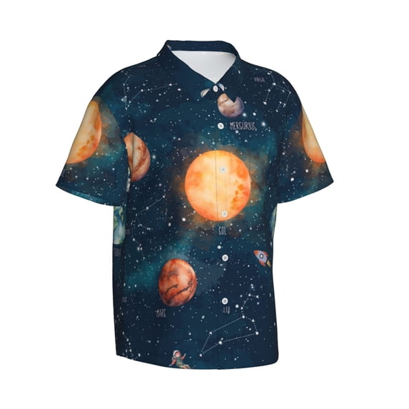 Lsque Solar System And Planets pattern Hawaiian Shirt for Men, Unisex Summer Beach Casual Short Sleeve Button Down Shirts-X-Large