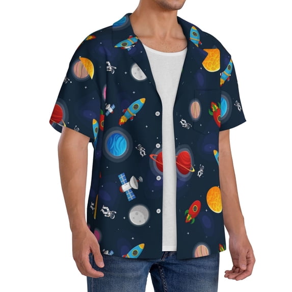 Lsque Space Cartoon print Men's Cuban Collar Short Sleeve Shirt Summer Beachwear Casual Button Down Fashionable Vacation Leisure Shirt-XX-Large