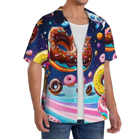 Lsque Space Colorful Donut print Men's Cuban Collar Short Sleeve Shirt Summer Beachwear Casual Button Down Fashionable Vacation Leisure Shirt-4X-Large