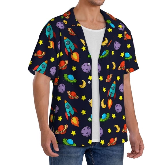Lsque Space D print Men's Cuban Collar Short Sleeve Shirt Summer Beachwear Casual Button Down Fashionable Vacation Leisure Shirt-4X-Large