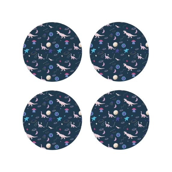 Lsque Space Dinosaur Pattern 4" Drink Coasters Set of 4, PVC Leather Absorbent Coasters, Table Coaster Set Decorative Coffee Cup Coasters Housewarming Gift -Round Shape