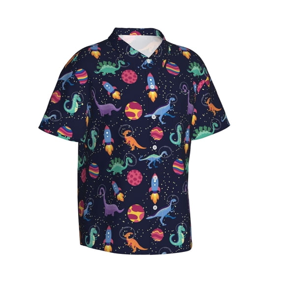 Lsque Space Dinosaur pattern Hawaiian Shirt for Men, Unisex Summer Beach Casual Short Sleeve Button Down Shirts-Medium