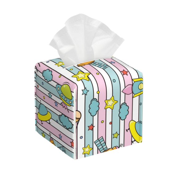 Lsque Space Doodle Printed Tissue Box Cover Holder, Facial Paper Organizer Dispenser,Square with Bottom Belt, PVC Leather Decorative Organizer