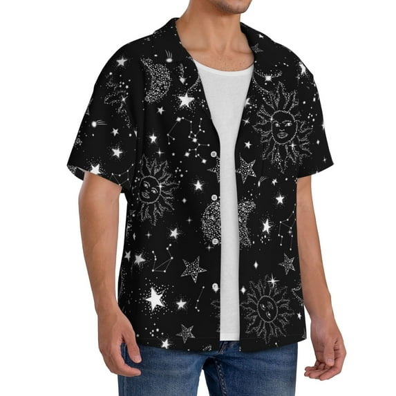 Lsque Space Galaxy print Men's Cuban Collar Short Sleeve Shirt Summer Beachwear Casual Button Down Fashionable Vacation Leisure Shirt-Large