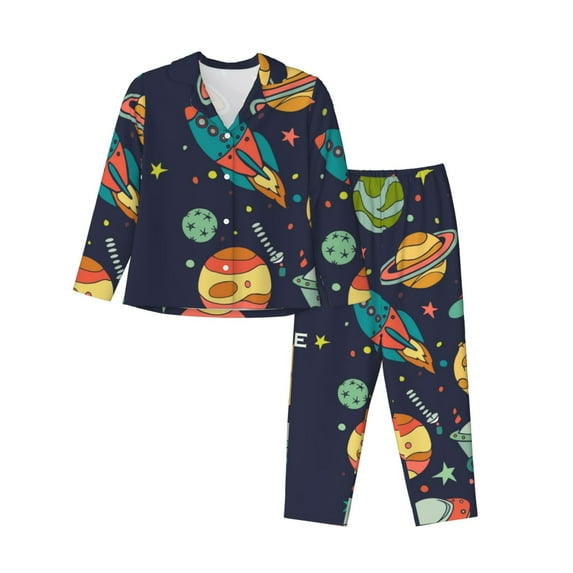 Lsque Space Pattern Long Sleeve Pajama Set for Women - Soft 2-Piece Sleepwear and Loungewear Set with Pockets, Comfy Nightwear-Small