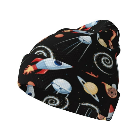 Lsque Space Rocket Pattern Knitted Beanie, Unisex Winter Hat, Knit Hat Winter Beanies Thick Fisherman Beanies Cuffed Plain Skull Caps