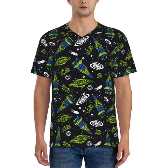 Lsque Space Rockets Pattern Mens Polo Golf Shirts Funny Graphics Shorts Sleeve Button Shirts Baseball T-shirt-Medium