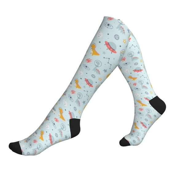Lsque Space With Dino Astronauts Pattern Sport Compression Socks for Men & Women 15-20 mmHg Knee High Nurse Pregnant Running Medical and Travel Athletic