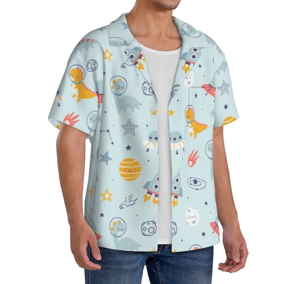 Lsque Space With Dino Astronauts print Men's Cuban Collar Short Sleeve Shirt Summer Beachwear Casual Button Down Fashionable Vacation Leisure Shirt-3X-Large