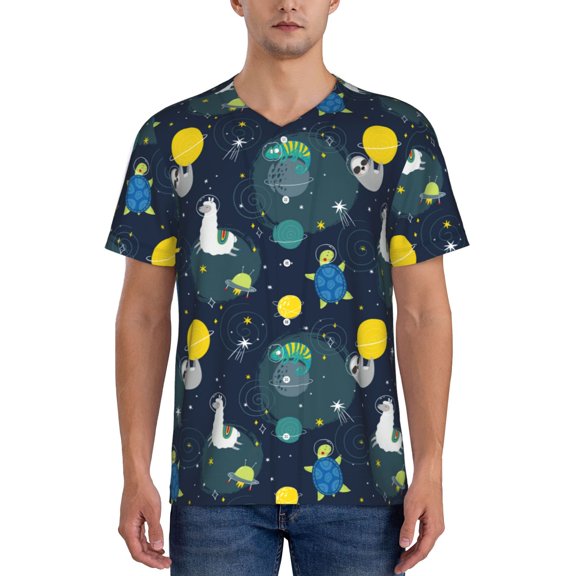 Lsque Space and Animals Pattern Mens Polo Golf Shirts Funny Graphics Shorts Sleeve Button Shirts Baseball T-shirt-Small