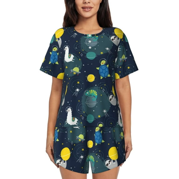 Lsque Space and Animals Women's Short-Sleeved Pajama Set - 2 Piece Soft and Lightweight Sleepwear Set-X-Large