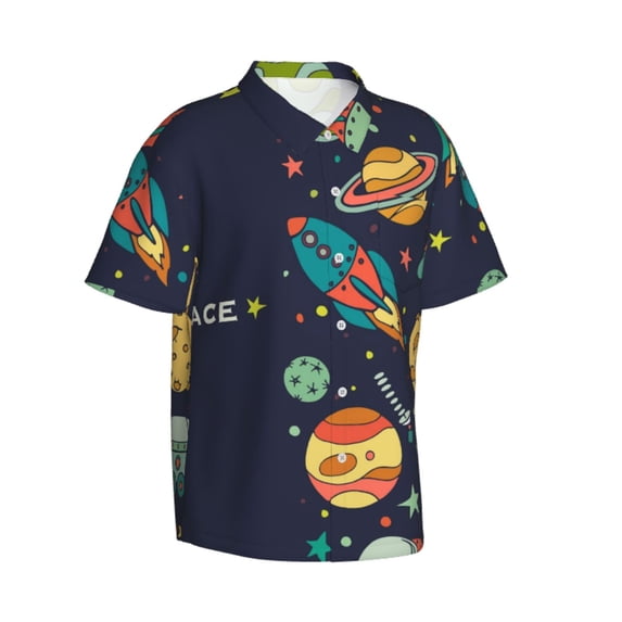 Lsque Space pattern Hawaiian Shirt for Men, Unisex Summer Beach Casual Short Sleeve Button Down Shirts-Large