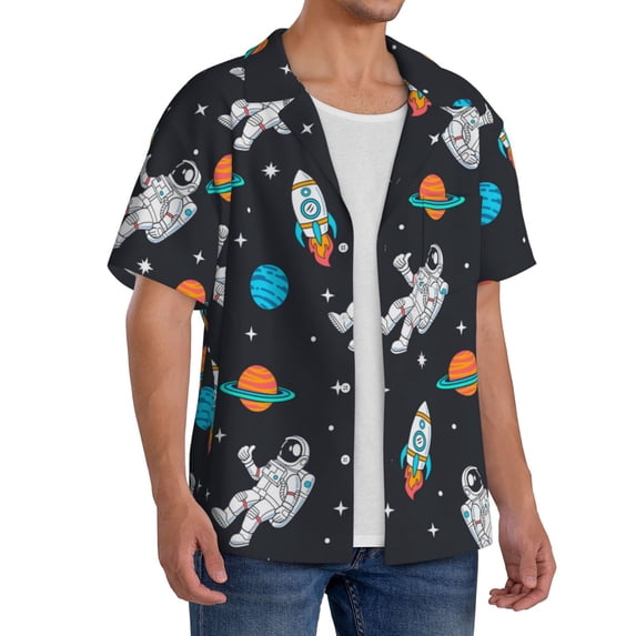 Lsque Space print Men's Cuban Collar Short Sleeve Shirt Summer Beachwear Casual Button Down Fashionable Vacation Leisure Shirt-XX-Large