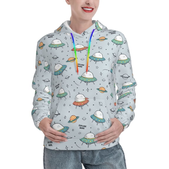 Lsque Spaceship Pattern Casual Women's Hoodie,Hooded Sweatshirt with Kangaroo Pocket,Pullover Hoodie with Eye-catching Drawstrings-X-Large