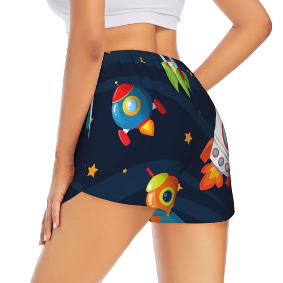 Lsque Spaceships and Stars Printed Women's Running Shorts with Liner Pockets,Elastic Quick Dry Workout Athletic Gym Yoga Shorts,Womens High Waist Shorts-Large