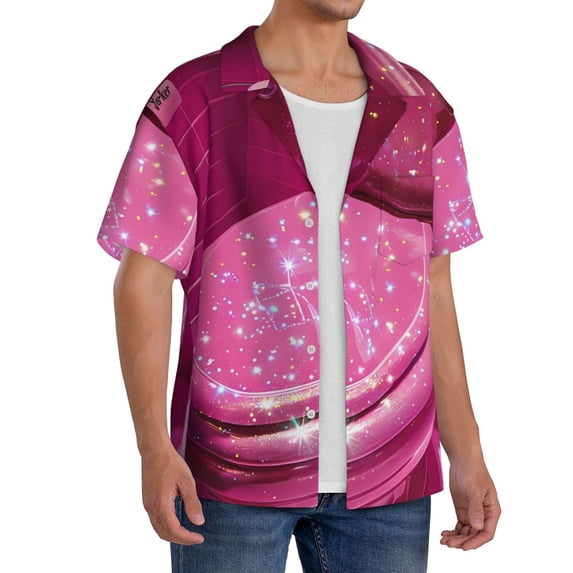 Lsque Sparkling Pink Toilet print Men's Cuban Collar Short Sleeve Shirt Summer Beachwear Casual Button Down Fashionable Vacation Leisure Shirt-3X-Large