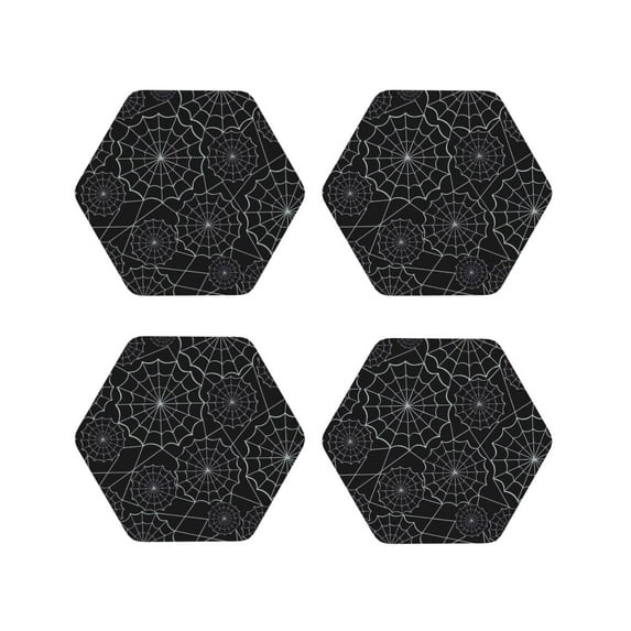 Lsque Spider Web Black Pattern 4" Drink Coasters Set of 4, PVC Leather Absorbent Coasters, Table Coaster Set Decorative Coffee Cup Coasters Housewarming Gift -Hexagon