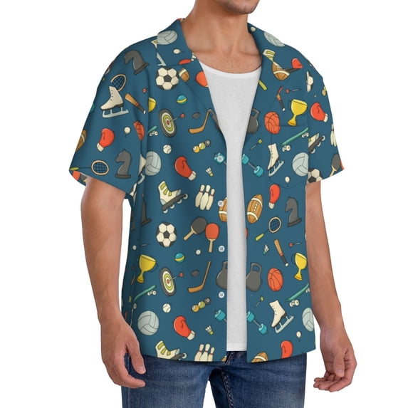 Lsque Sports Ball print Men's Cuban Collar Short Sleeve Shirt Summer Beachwear Casual Button Down Fashionable Vacation Leisure Shirt-X-Large