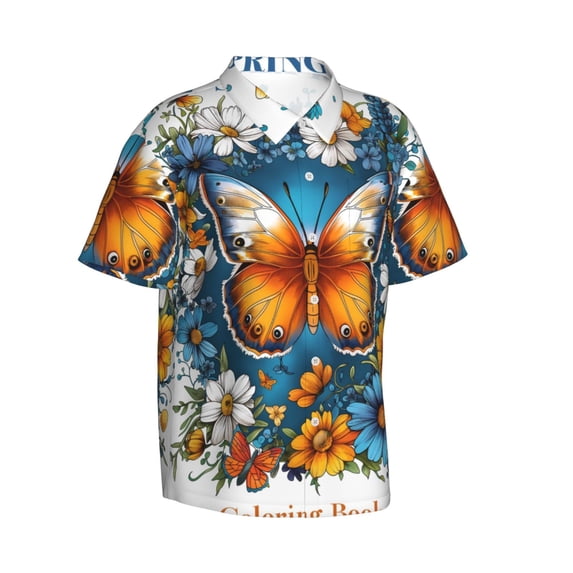 Lsque Spring Butterfly Flowers pattern Hawaiian Shirt for Men, Unisex Summer Beach Casual Short Sleeve Button Down Shirts-3X-Large