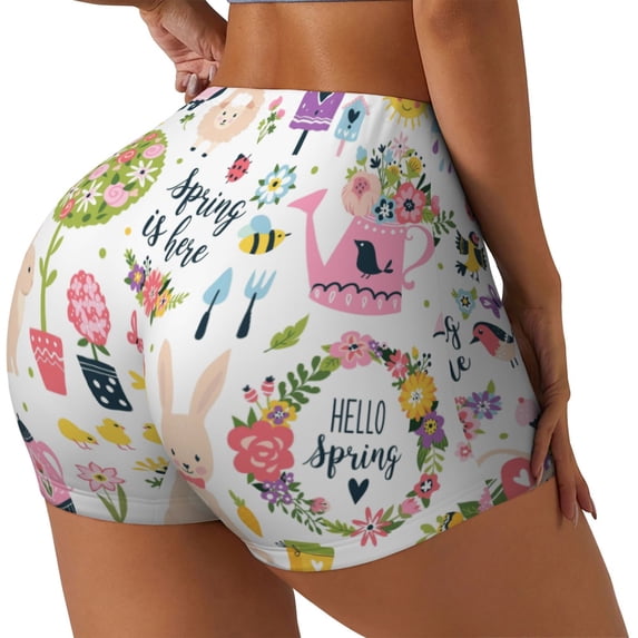 Lsque Spring Flowers Birds Pattern High Waisted Biker Shorts for Women-Tummy Control Fitness Athletic Workout Running Yoga Gym Shorts,Moisture-Wicking-Large