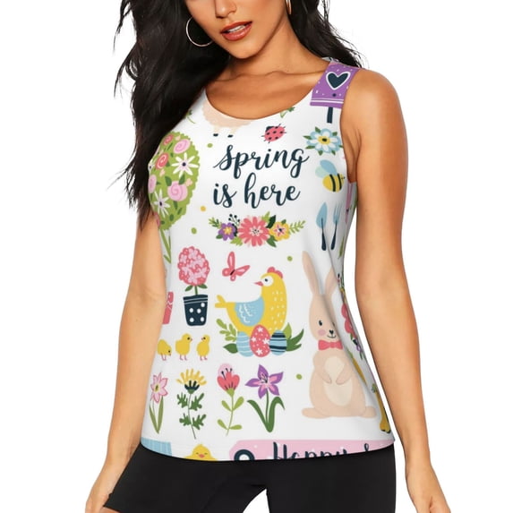 Lsque Spring Flowers Birds Printed Workout Tank Tops for Women, Athletic Sports Tank Tops, Compression Sleeveless Dry Fit Shirts,Sleeveless Yoga Shirt-XX-Large