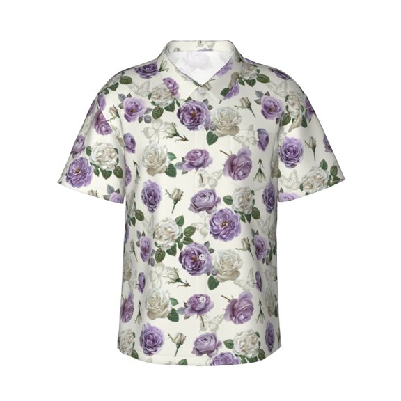 Lsque Spring Flowers Pattern Hawaiian Shirt for Men Unisex Summer Beach Casual Short Sleeve Cotton Linen Button Down Shirts,3X-Large