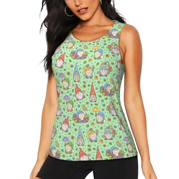 Lsque Spring Gnomes Printed Workout Tank Tops for Women, Athletic Sports Tank Tops, Compression Sleeveless Dry Fit Shirts,Sleeveless Yoga Shirt-X-Large