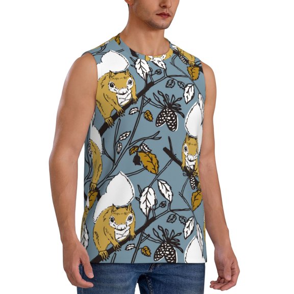 Lsque Squirrel And Leaves Print Men's Cotton Blend Sleeveless Muscle Shirts (S-3XL)- Moisture Wicking, Odor Protection, UPF 30 ,Medium