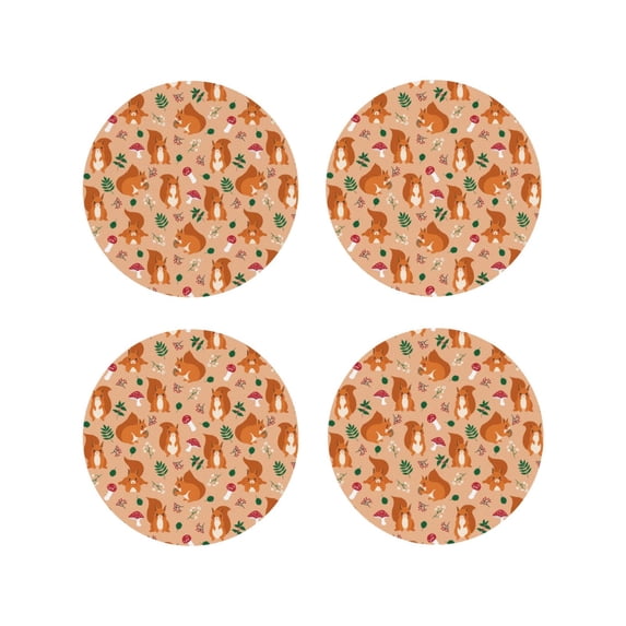 Lsque Squirrel And Mushroom Pattern 4" Drink Coasters Set of 4, PVC Leather Absorbent Coasters, Table Coaster Set Decorative Coffee Cup Coasters Housewarming Gift -Round Shape