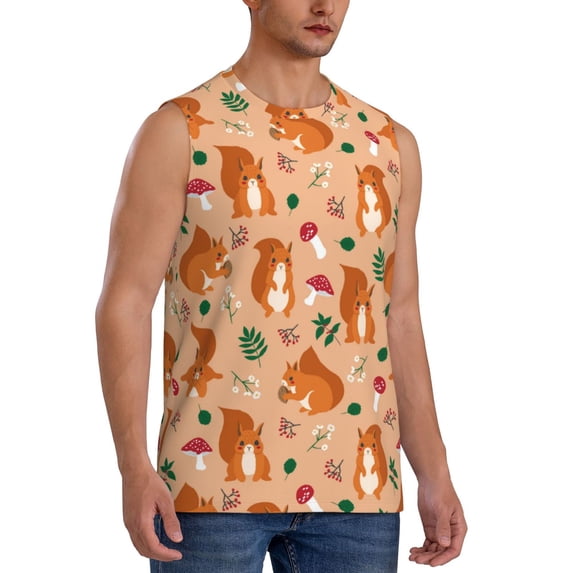 Lsque Squirrel And Mushroom Print Men's Cotton Blend Sleeveless Muscle Shirts (S-3XL)- Moisture Wicking, Odor Protection, UPF 30+,Large