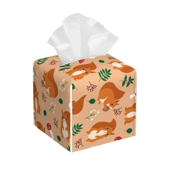 Lsque Squirrel And Mushroom Printed Tissue Box Cover Holder, Facial Paper Organizer Dispenser,Square with Bottom Belt, PVC Leather Decorative Organizer