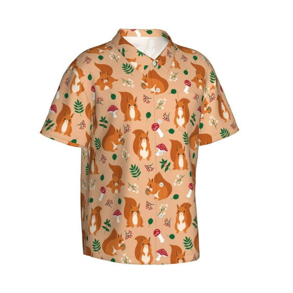 Lsque Squirrel And Mushroom pattern Hawaiian Shirt for Men, Unisex Summer Beach Casual Short Sleeve Button Down Shirts-Large