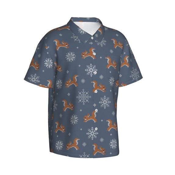 Lsque Squirrel And Snowflakes pattern Hawaiian Shirt for Men, Unisex Summer Beach Casual Short Sleeve Button Down Shirts-XX-Large