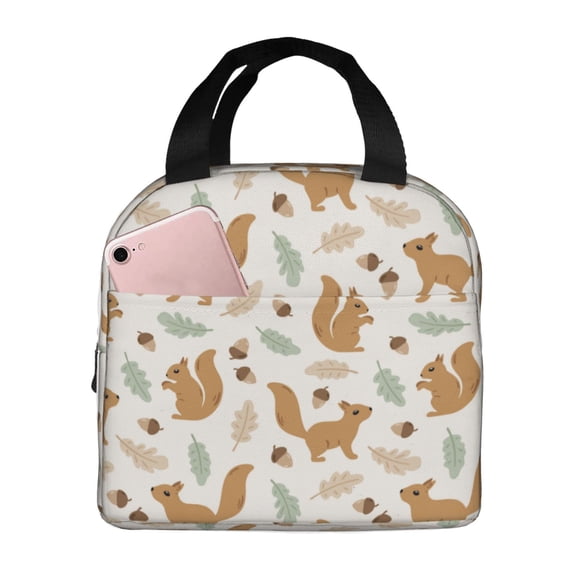 Lsque Squirrel And Leaves Pattern Lunch Bag Women/Men Insulated Lunch Box,Small Leakproof Cooler Food Lunch Containers Reusable High Capacity Lunch Tote Bags