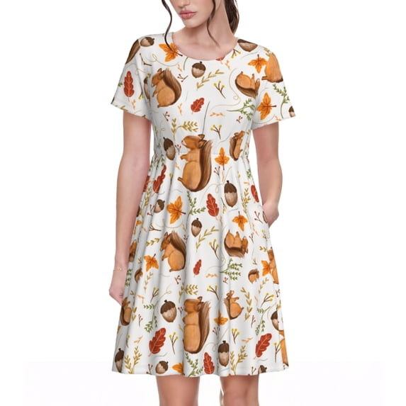 Lsque Squirrel Print Women's Casual Dress T-Shirt Summer Short Sleeve Scoop Neck Swing Dresses