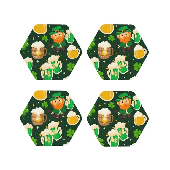 Lsque St Patrick's Day10 Pattern 4" Drink Coasters Set of 4, PVC Leather Absorbent Coasters, Table Coaster Set Decorative Coffee Cup Coasters Housewarming Gift -Hexagon
