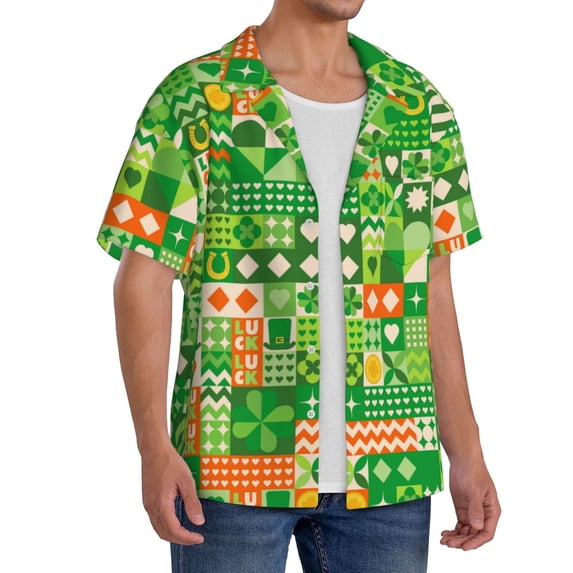 Lsque St Patrick's Day6 print Men's Cuban Collar Short Sleeve Shirt Summer Beachwear Casual Button Down Fashionable Vacation Leisure Shirt-XX-Large