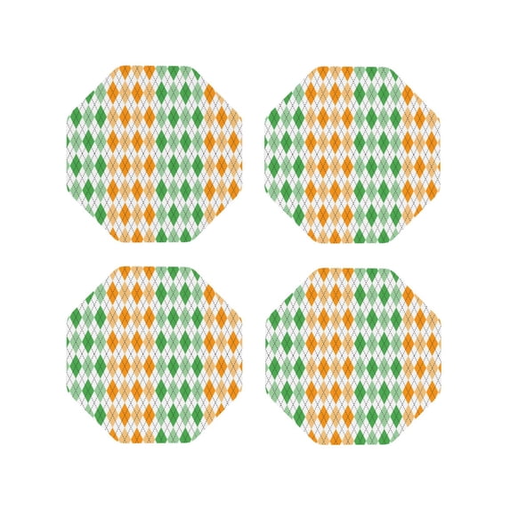 Lsque St. Patrick's day argyle Pattern 4" Drink Coasters Set of 4, PVC Leather Absorbent Coasters, Table Coaster Set Decorative Coffee Cup Coasters Housewarming Gift-Octagon