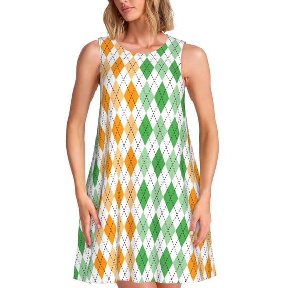 Lsque St. Patrick's day argyle Pattern Summer Dresses for Women – Sleeveless T-Shirt Swing Sundress, Perfect for the Beach and Casual Days
