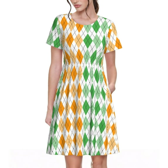 Lsque St. Patrick's day argyle Print Women's Casual Dress T-Shirt Summer Short Sleeve Scoop Neck Swing Dresses