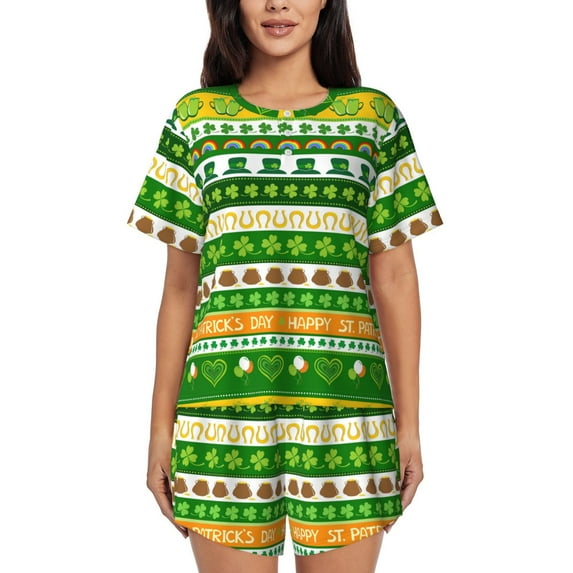 Lsque St. Patrick's day in green colors Pattern Women's Short-Sleeved Pajama Set - 2 Piece Soft and Lightweight Sleepwear Set-Small