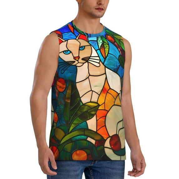 Lsque Stained Glass Cat Art Print Men's Cotton Blend Sleeveless Muscle Shirts (S-3XL)- Moisture Wicking, Odor Protection, UPF 30+,Small