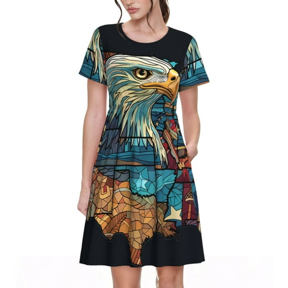 Lsque Stained Glass Eagle USA Print Women's Casual Dress T-Shirt Summer Short Sleeve Scoop Neck Swing Dresses